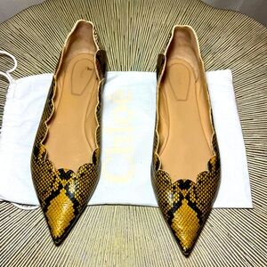 Chloe python leather scalloped ballet flats in mustard/saffron, brown, and cream